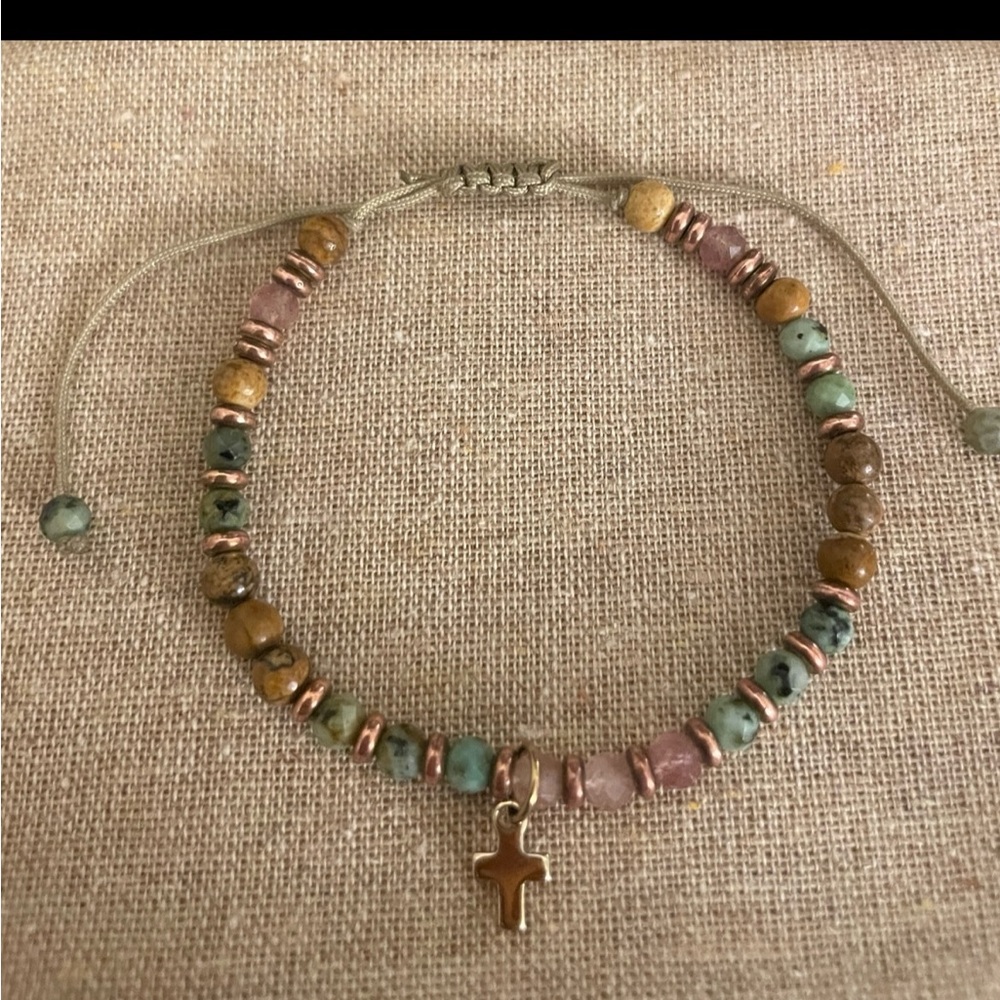Earthy Toned Beaded Bracelet with Cross Charm